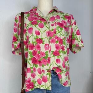 Vintage 90s Boxy Sag Harbor Pink Floral Cottagecore Linen Blend